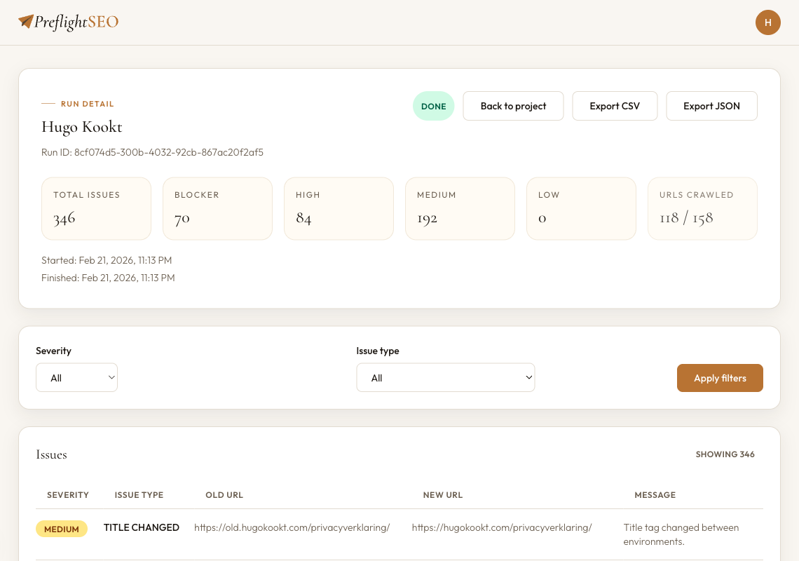 Issues report — severity-ranked BLOCKER, HIGH, MEDIUM issues with old URL and new URL columns visible