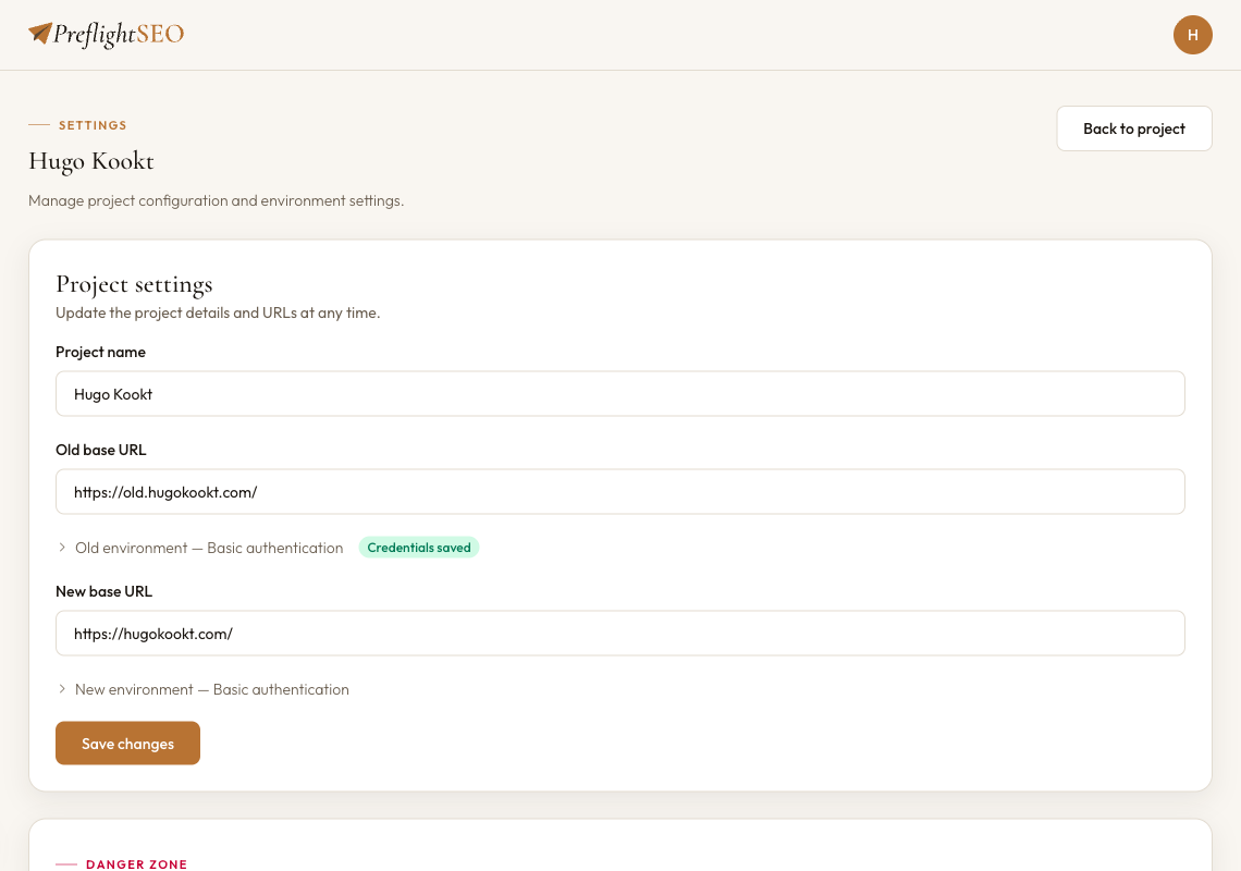 PreflightSEO project setup — two URL fields for old and new environment