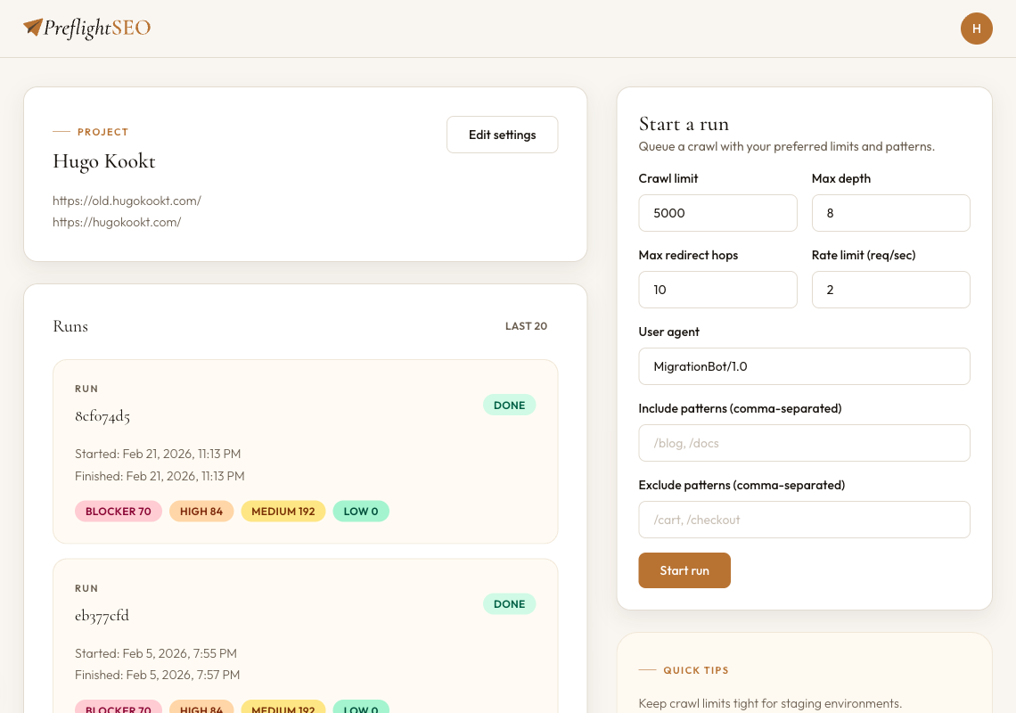 Run configuration and history — crawl settings with completed runs showing severity counts